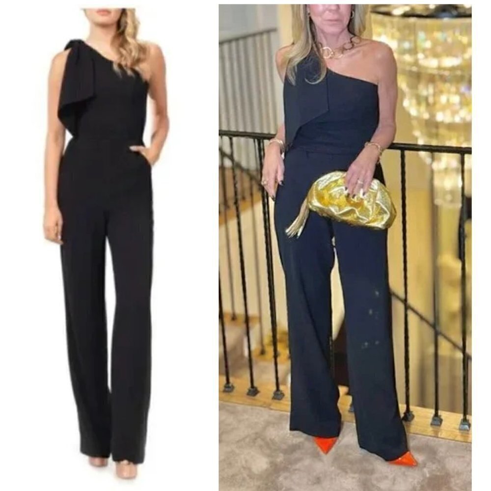 DRESS THE POPULATION Tiffany One-Shoulder Jumpsuit in Black Size Small NWT